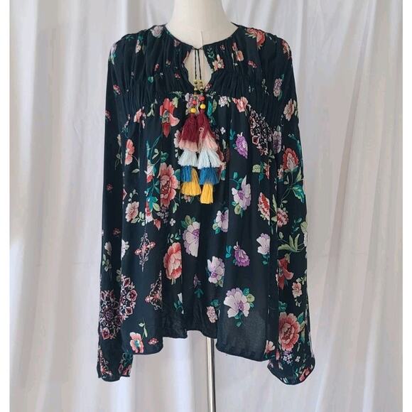 Johnny Was Womens Designer Black Embroidered Multi Harley Top Small Tasseled - Picture 3 of 7